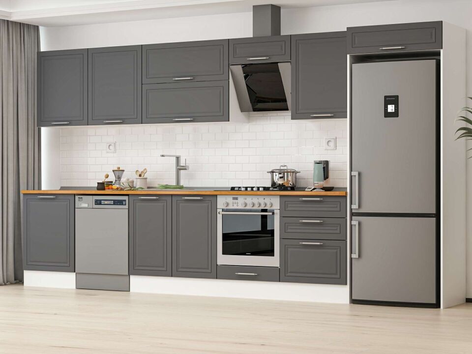 Alvinka 410X222 Cm Klasik Mebran Mutfak Dolabı Mb-E90S60S60-2 Mebran | Antrasit - Mdf