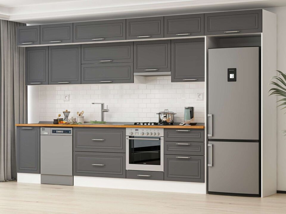 Alvinka 395X240 Cm Klasik Mebran Mutfak Dolabı Mb-E90S45S60-1 Mebran | Antrasit - Mdf