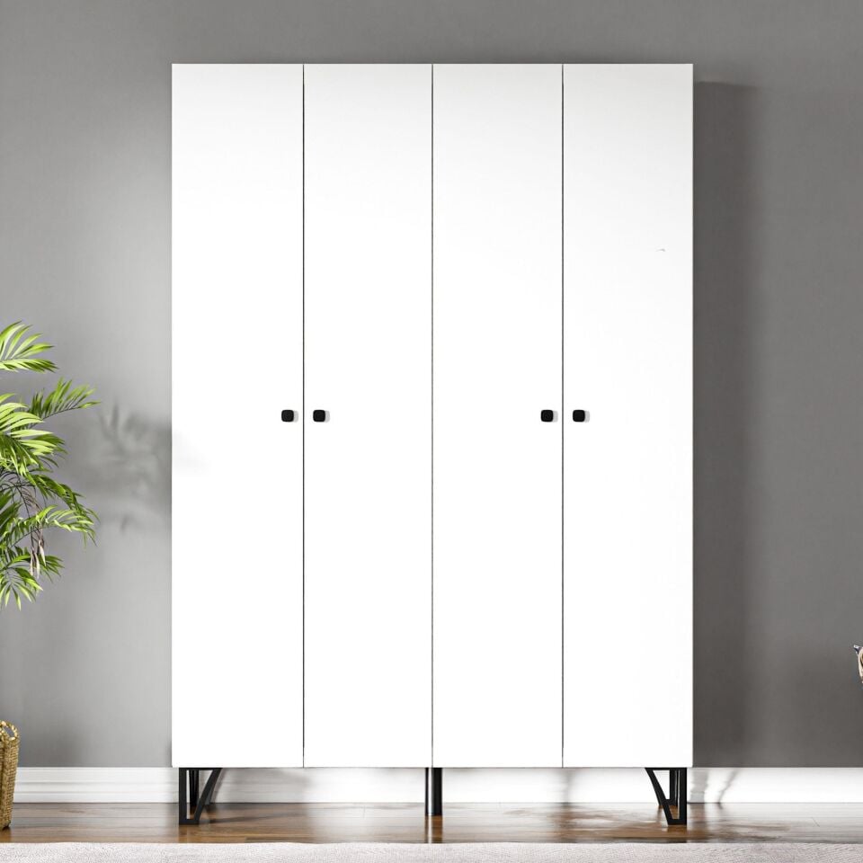 Ceramical GRM4 4 Kapaklı 2 Çekmeceli Ayaklı Dolap Gardrop - Beyaz