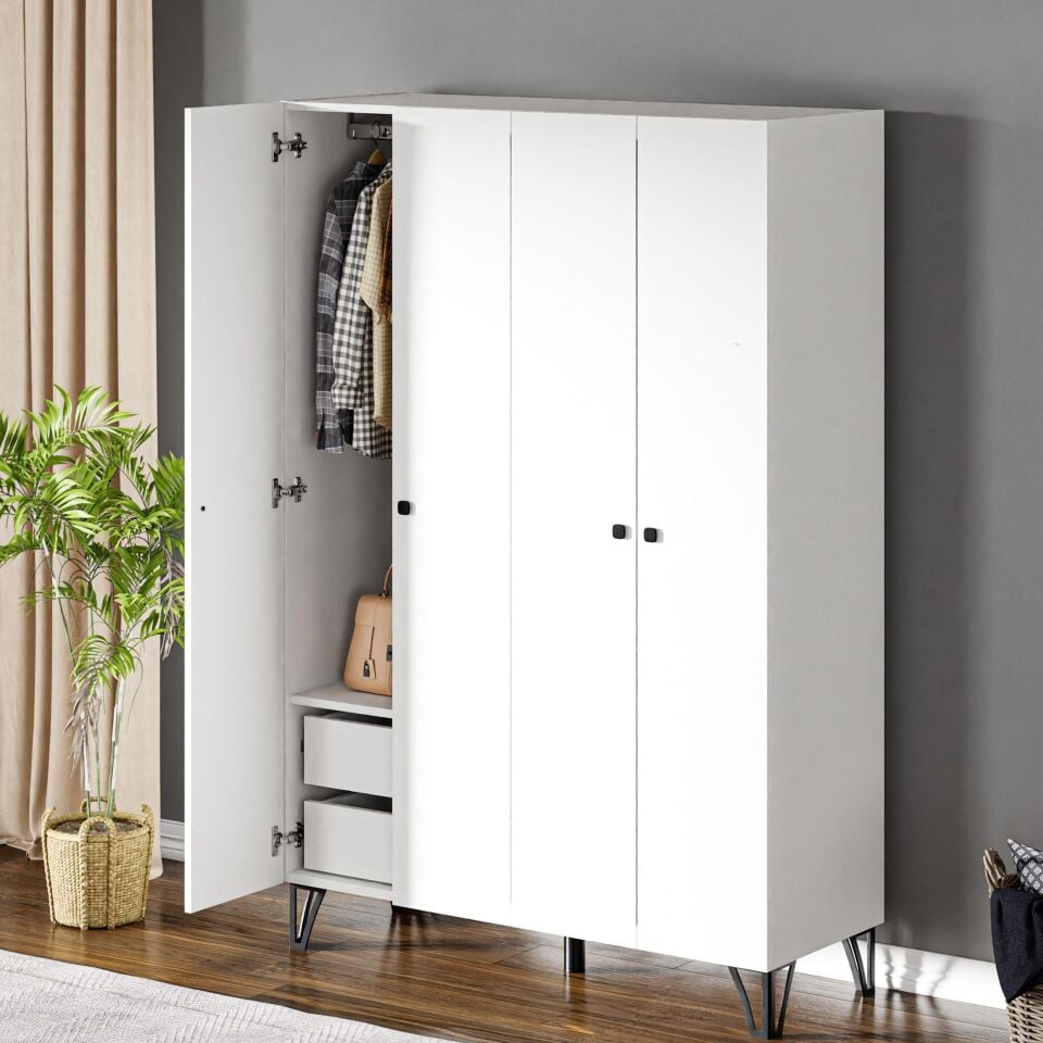 Ceramical GRM4 4 Kapaklı 2 Çekmeceli Ayaklı Dolap Gardrop - Beyaz