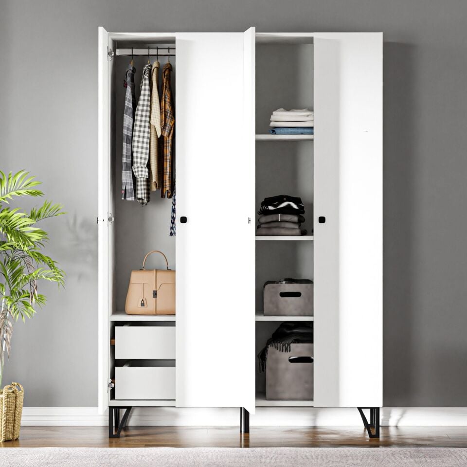 Ceramical GRM4 4 Kapaklı 2 Çekmeceli Ayaklı Dolap Gardrop - Beyaz