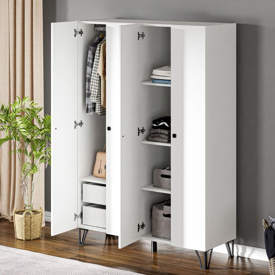 Ceramical GRM4 4 Kapaklı 2 Çekmeceli Ayaklı Dolap Gardrop - Beyaz
