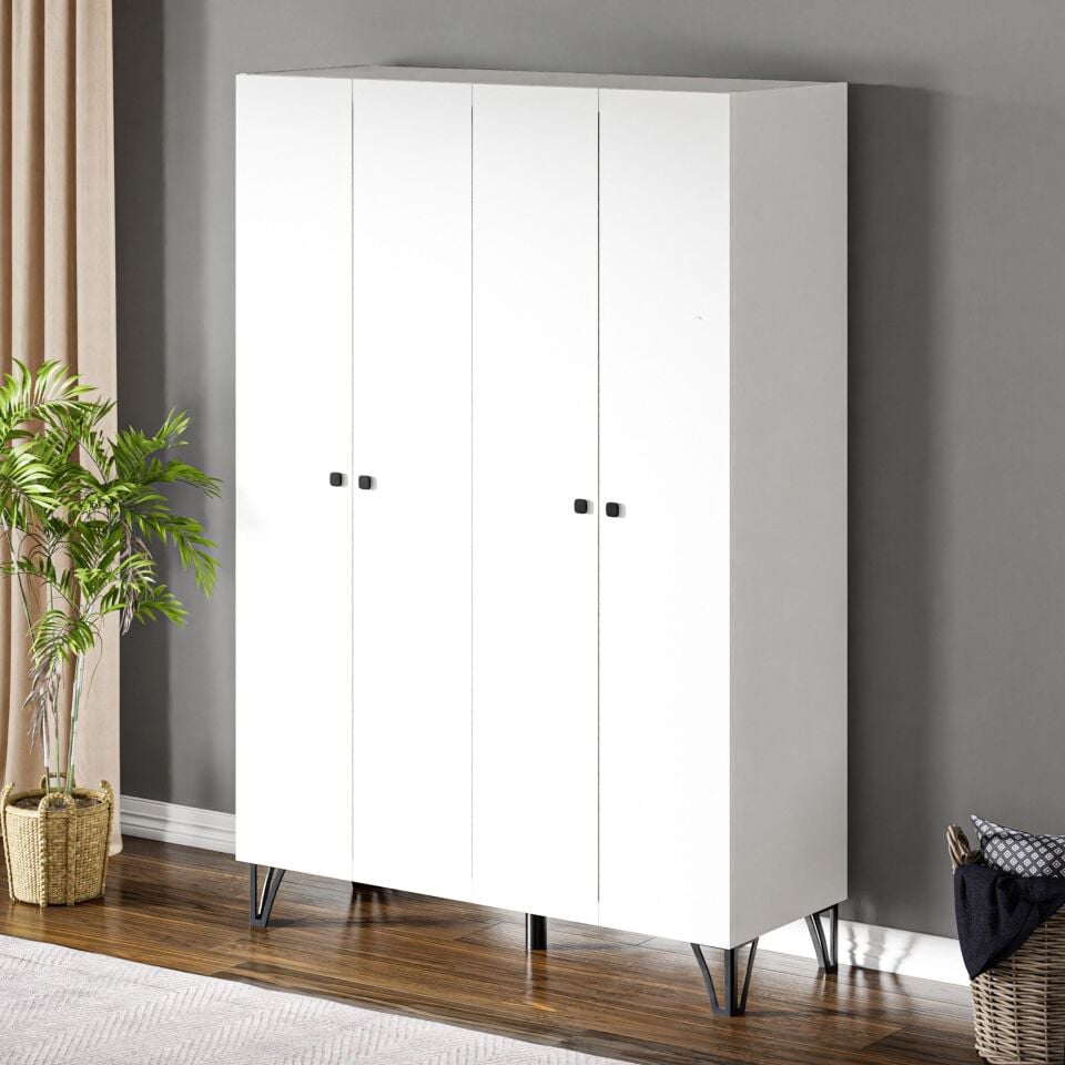 Ceramical GRM4 4 Kapaklı 2 Çekmeceli Ayaklı Dolap Gardrop - Beyaz