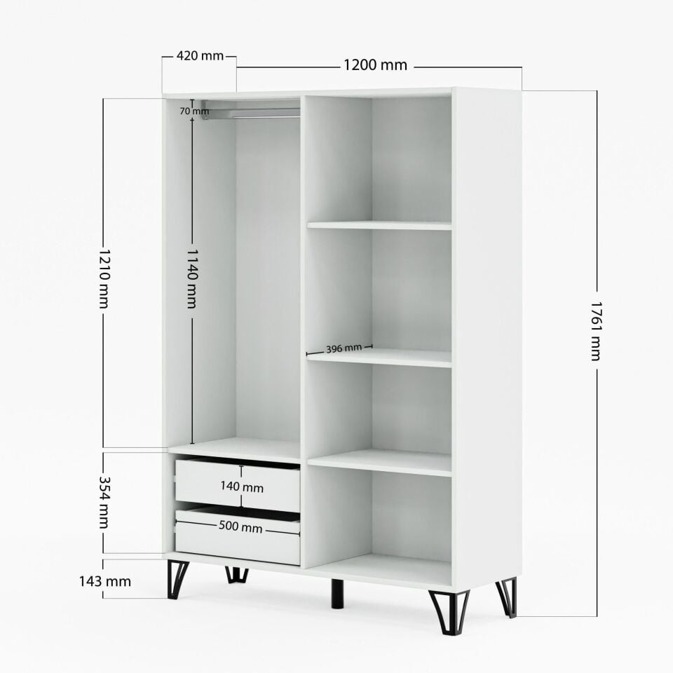 Ceramical GRM4 4 Kapaklı 2 Çekmeceli Ayaklı Dolap Gardrop - Beyaz