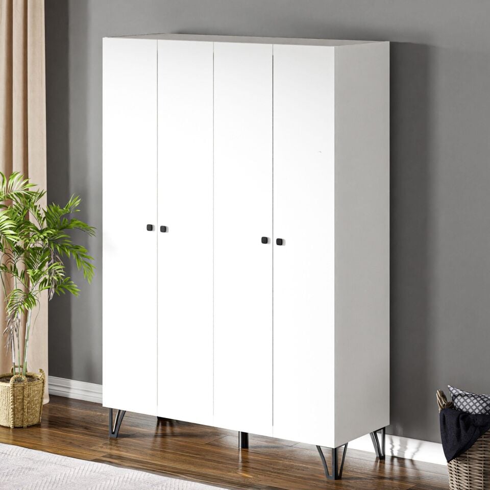 Ceramical GRM4 4 Kapaklı 4 Çekmeceli Ayaklı Dolap Gardrop - Beyaz