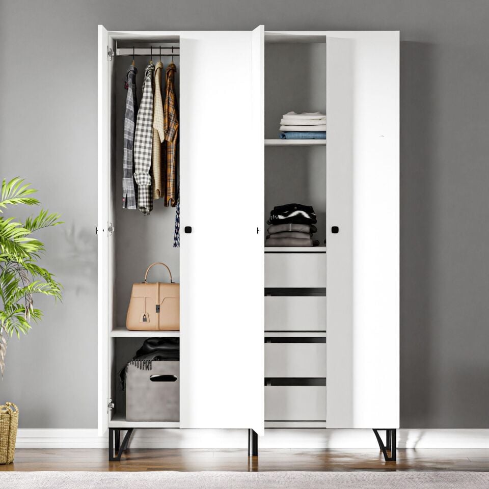 Ceramical GRM4 4 Kapaklı 4 Çekmeceli Ayaklı Dolap Gardrop - Beyaz