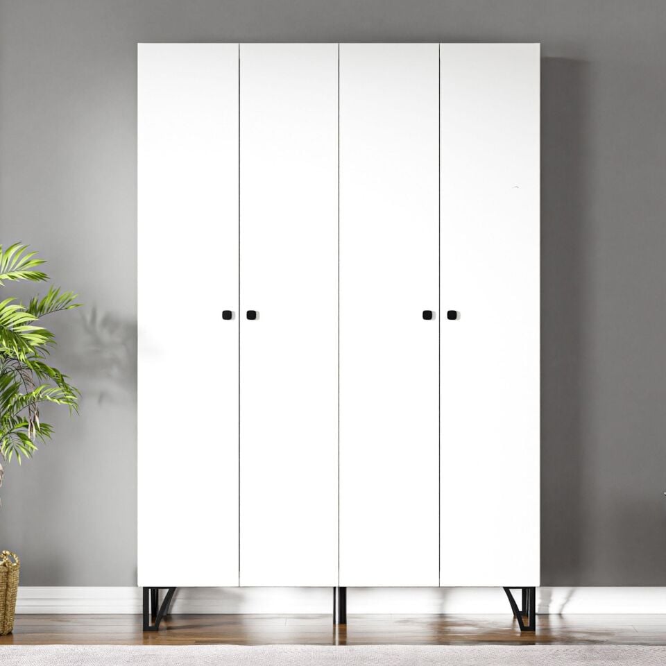 Ceramical GRM4 4 Kapaklı 4 Çekmeceli Ayaklı Dolap Gardrop - Beyaz