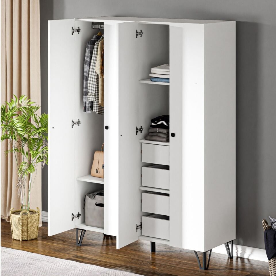 Ceramical GRM4 4 Kapaklı 4 Çekmeceli Ayaklı Dolap Gardrop - Beyaz