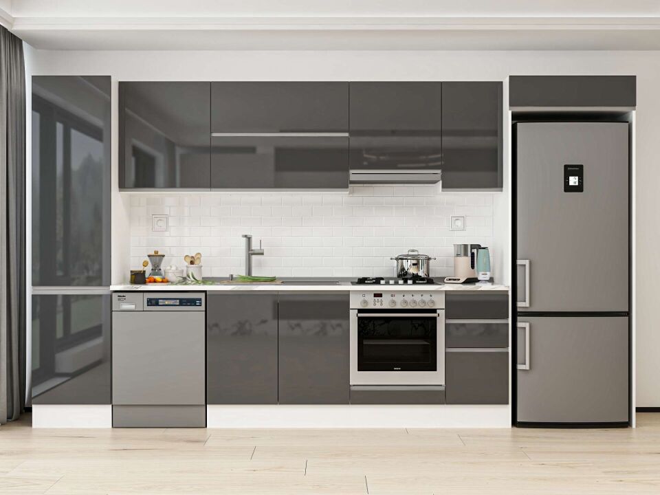 Alvinka 370X222 Cm High Gloss Mutfak Dolabı Mbb-E80B50S40-1 High Gloss | Antrasit - Mdf