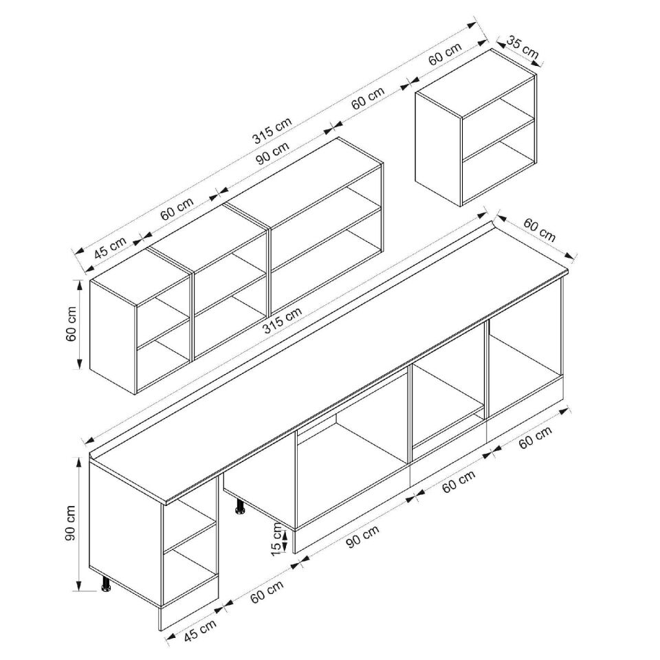 Alvinka 315X210 Cm Klasik Mebran Mutfak Dolabı Beyaz Beyaz M-E90S45S60-2