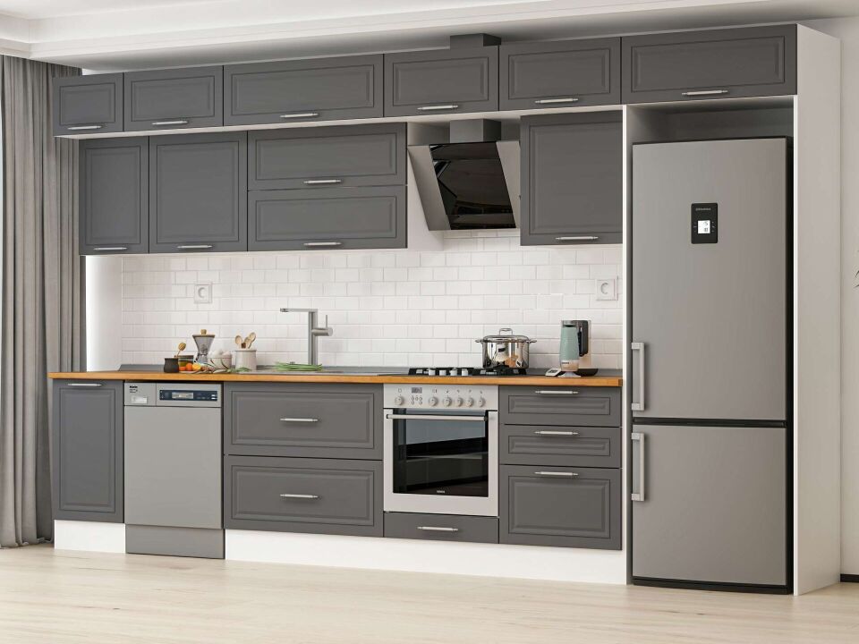 Alvinka 395X240 Cm Klasik Mebran Mutfak Dolabı Mb-E90S45S60-2 Mebran | Antrasit - Mdf