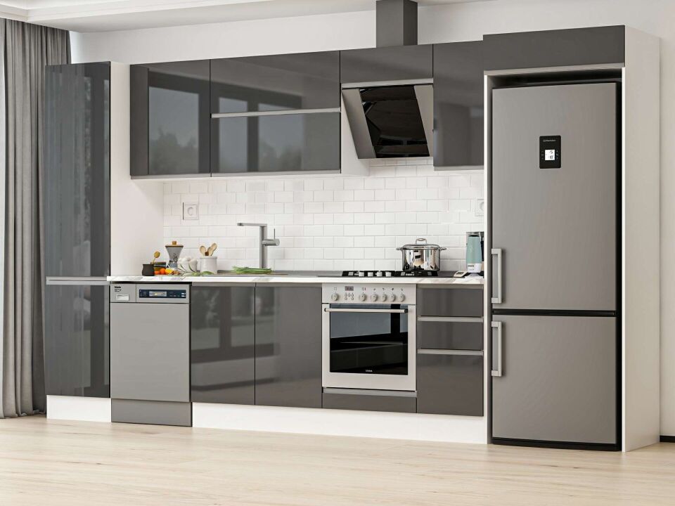 Alvinka 370X222 Cm High Gloss Mutfak Dolabı Mbb-E80B50S40-2 High Gloss | Antrasit - Suntalam