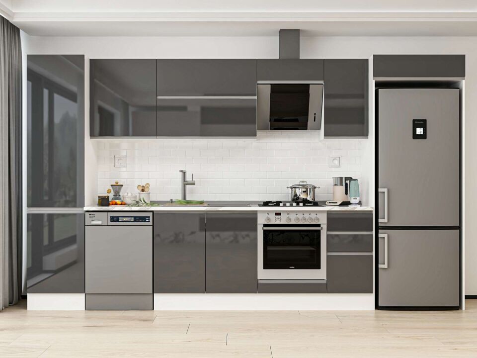 Alvinka 370X222 Cm High Gloss Mutfak Dolabı Mbb-E80B50S40-2 High Gloss | Antrasit - Mdf