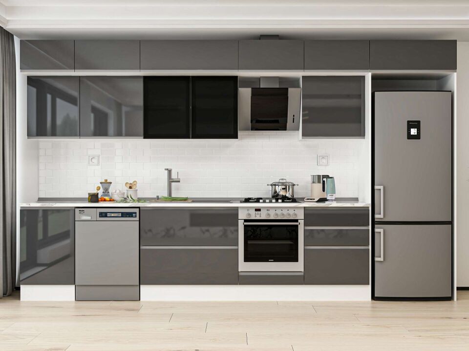 Alvinka 400X240 Cm High Gloss Mutfak Dolabı Mb-E90S50S60-3 High Gloss | Antrasit - Mdf