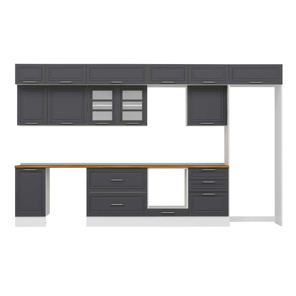 Alvinka 395X240 Cm Klasik Mebran Mutfak Dolabı Mb-E90S45S60-3 Mebran | Antrasit - Suntalam