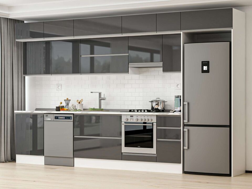 Alvinka 390X240 Cm High Gloss Mutfak Dolabı Mb-E90S60S40-1 High Gloss | Antrasit - Suntalam