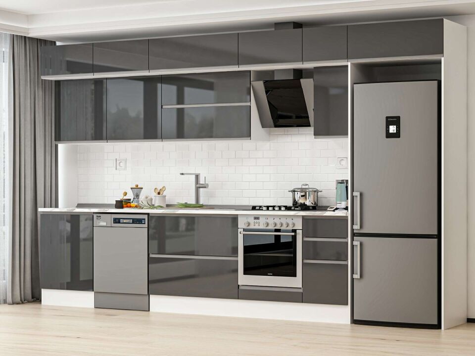 Alvinka 390X240 Cm High Gloss Mutfak Dolabı Mb-E90S60S40-2 High Gloss | Antrasit - Suntalam