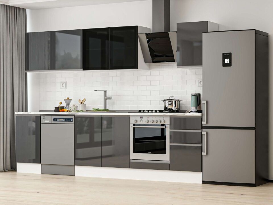 Alvinka 290X210 Cm High Gloss Mutfak Dolabı M-E80S45S45-3 High Gloss | Antrasit - Mdf