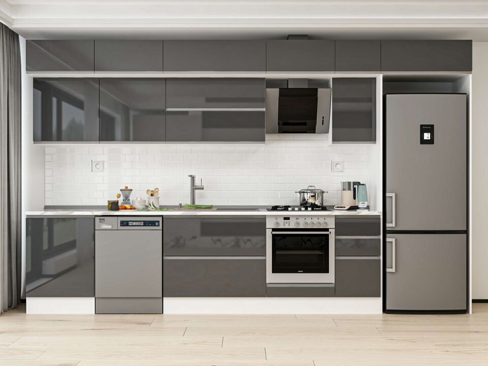 Alvinka 390X240 Cm High Gloss Mutfak Dolabı Mb-E90S60S40-2 High Gloss | Antrasit - Mdf