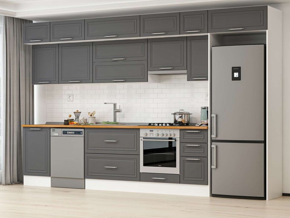 Alvinka 380X240 Cm Klasik Mebran Mutfak Dolabı Mb-E90S50S40-1 Mebran | Antrasit - Mdf