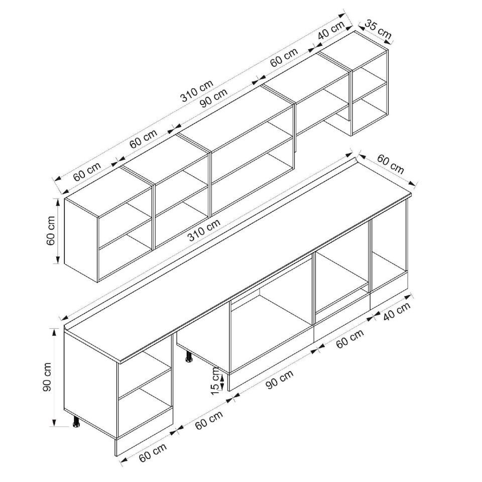 Alvinka 310X210 Cm Klasik Mebran Mutfak Dolabı Beyaz Beyaz M-E90S60S40-1