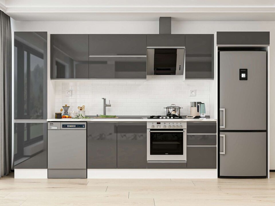 Alvinka 375X222 Cm High Gloss Mutfak Dolabı Mbb-E80B50S45-2 High Gloss | Antrasit - Mdf