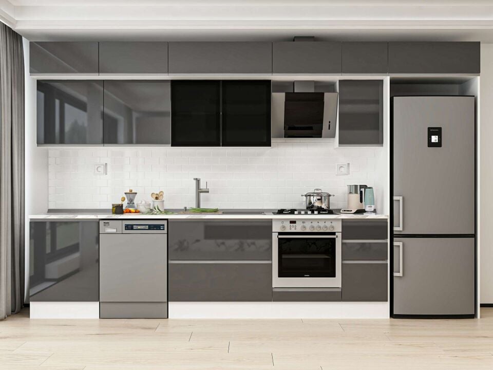 Alvinka 390X240 Cm High Gloss Mutfak Dolabı Mb-E90S60S40-3 High Gloss | Antrasit - Mdf