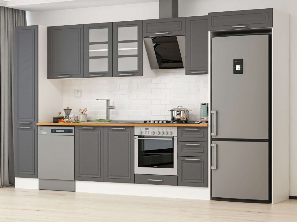 Alvinka 370X222 Cm Klasik Mebran Mutfak Dolabı Mbb-E90B40S40-3 Mebran | Antrasit - Mdf