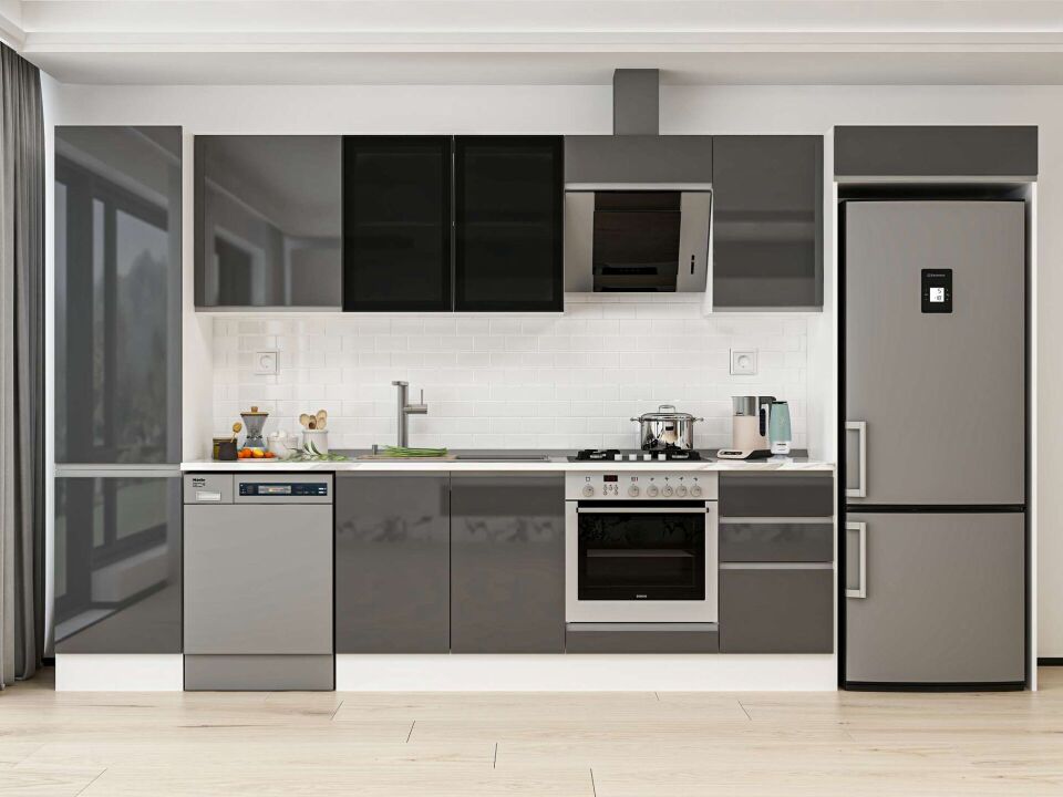 Alvinka 375X222 Cm High Gloss Mutfak Dolabı Mbb-E80B50S45-3 High Gloss | Antrasit - Mdf