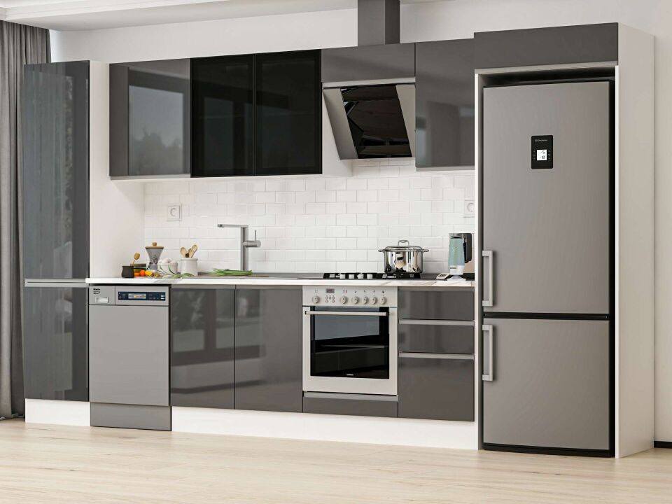 Alvinka 375X222 Cm High Gloss Mutfak Dolabı Mbb-E80B50S45-3 High Gloss | Antrasit - Mdf