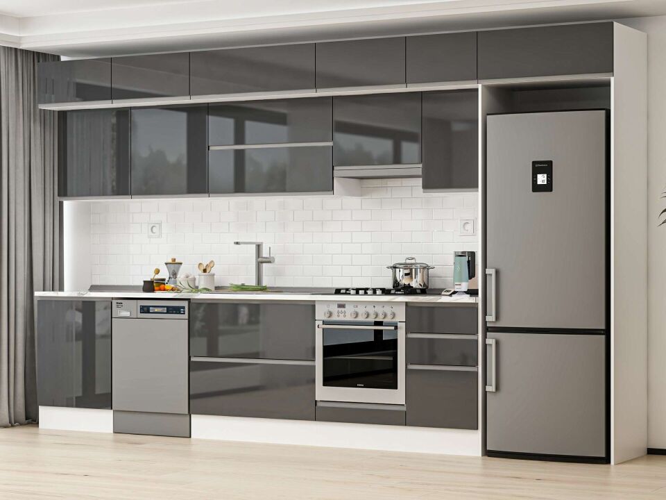Alvinka 395X240 Cm High Gloss Mutfak Dolabı Mb-E90S60S45-1 High Gloss | Antrasit - Mdf