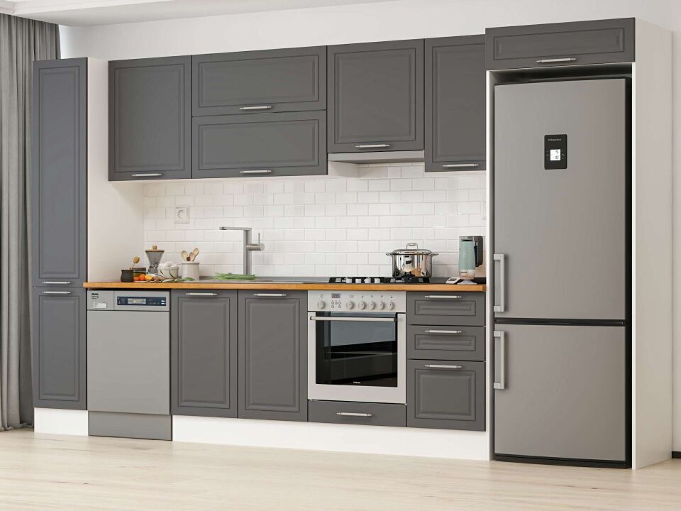 Alvinka 375X222 Cm Klasik Mebran Mutfak Dolabı Mbb-E90B40S45-1 Mebran | Antrasit - Suntalam