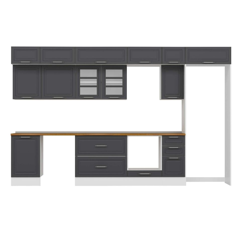 Alvinka 380X240 Cm Klasik Mebran Mutfak Dolabı Mb-E90S50S40-3 Mebran | Antrasit - Suntalam