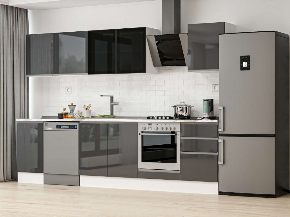 Alvinka 295X210 Cm High Gloss Mutfak Dolabı M-E80S45S50-3 High Gloss | Antrasit - Suntalam