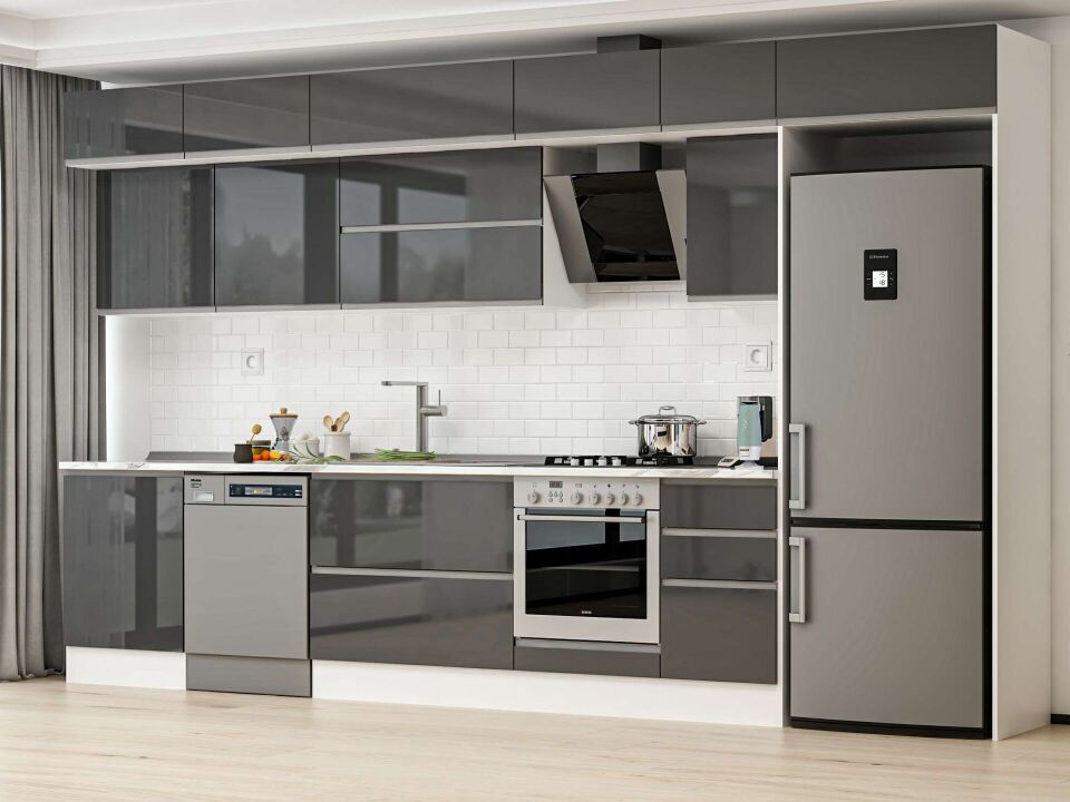 Alvinka 395X240 Cm High Gloss Mutfak Dolabı Mb-E90S60S45-2 High Gloss | Antrasit - Suntalam