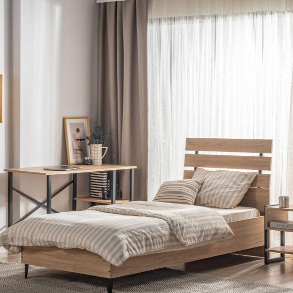 Ceramical KR1S Tek Kişilik Ahşap Başlıklı Karyola - 90x190 cm - Ebru