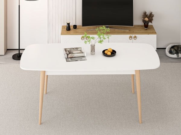 Lotus Bohem Tarz Açılır Yemek Masası - Beyaz/Ahşap Ayak