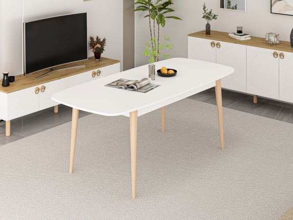 Lotus Bohem Tarz Açılır Yemek Masası - Beyaz/Ahşap Ayak