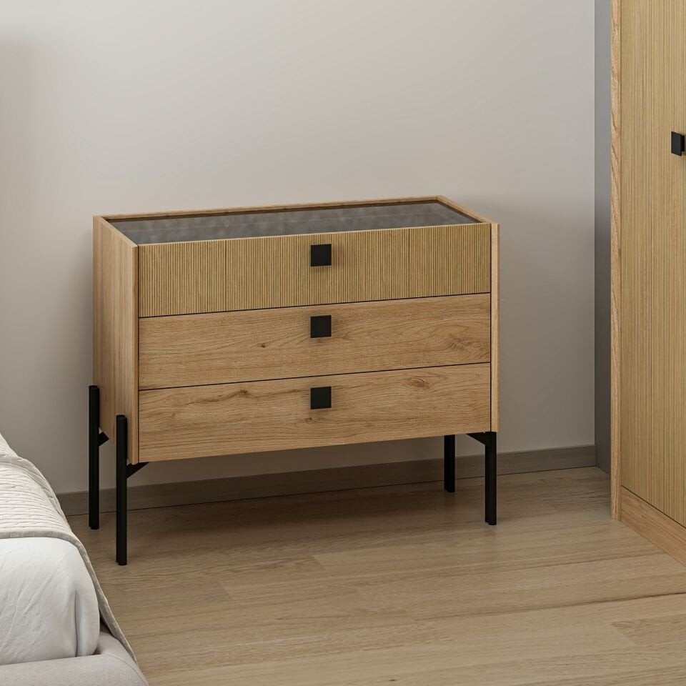 Maren Şifonyer 3Ç Camlı Metal Ayaklı-Sepet-G.Yunus