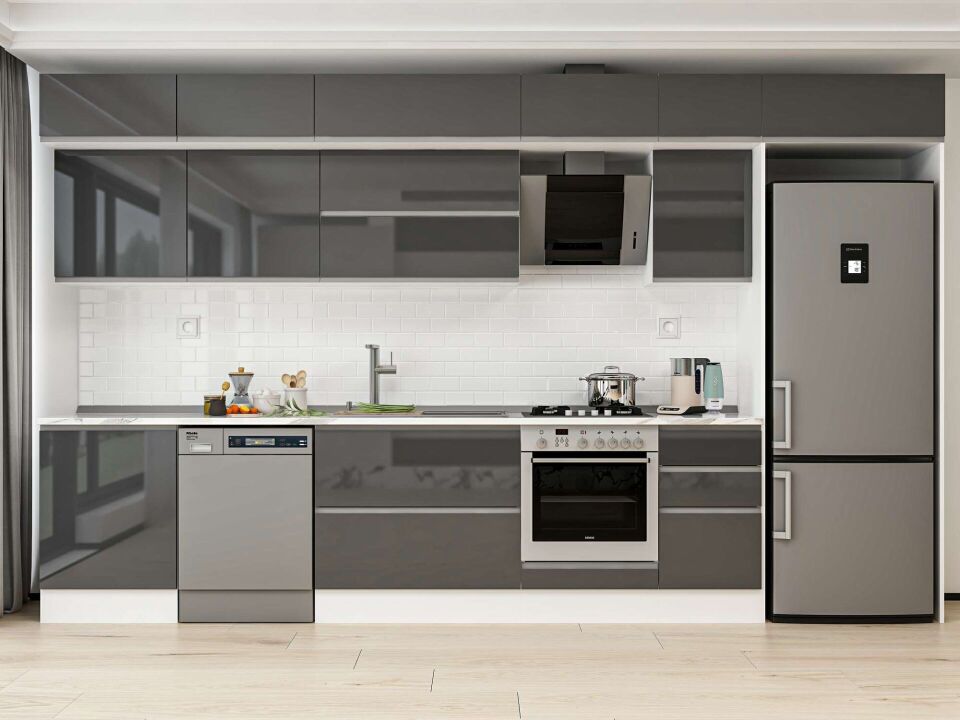Alvinka 395X240 Cm High Gloss Mutfak Dolabı Mb-E90S60S45-2 High Gloss | Antrasit - Mdf