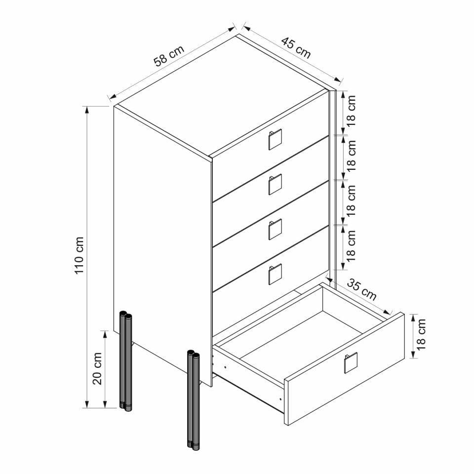 Maren Yüksek Şifonyer 5Ç Metal Ayaklı-Sepet-G.Yunus