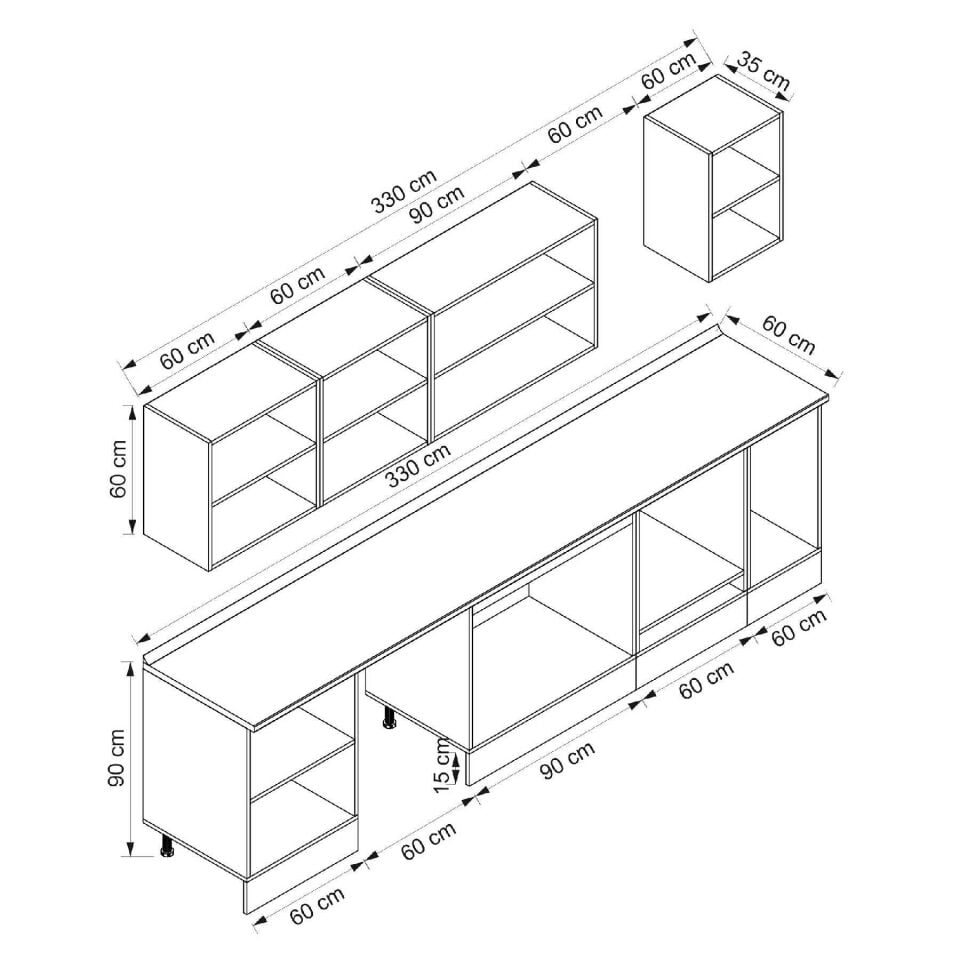 Alvinka 330X210 Cm Klasik Mebran Mutfak Dolabı Beyaz Beyaz M-E90S60S60-2