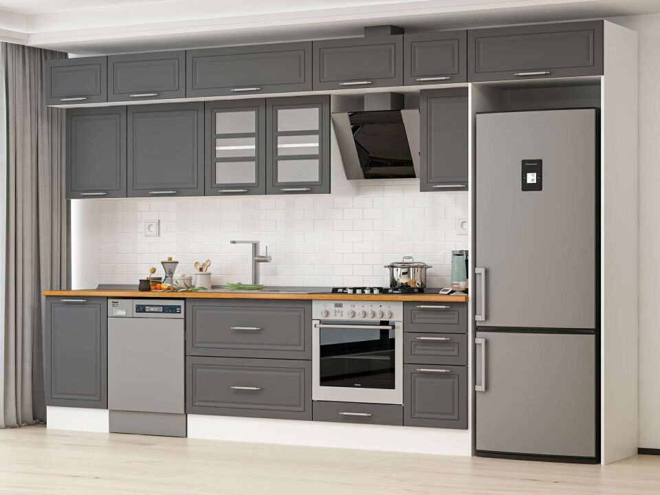 Alvinka 380X240 Cm Klasik Mebran Mutfak Dolabı Mb-E90S50S40-3 Mebran | Antrasit - Mdf