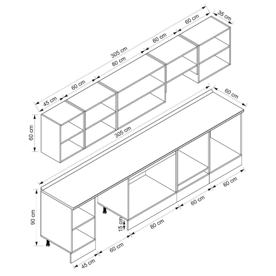 Alvinka 305X210 Cm High Gloss Mutfak Dolabı M-E80S45S60-1 High Gloss | Beyaz - Mdf