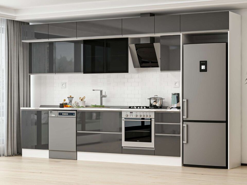 Alvinka 395X240 Cm High Gloss Mutfak Dolabı Mb-E90S60S45-3 High Gloss | Antrasit - Mdf