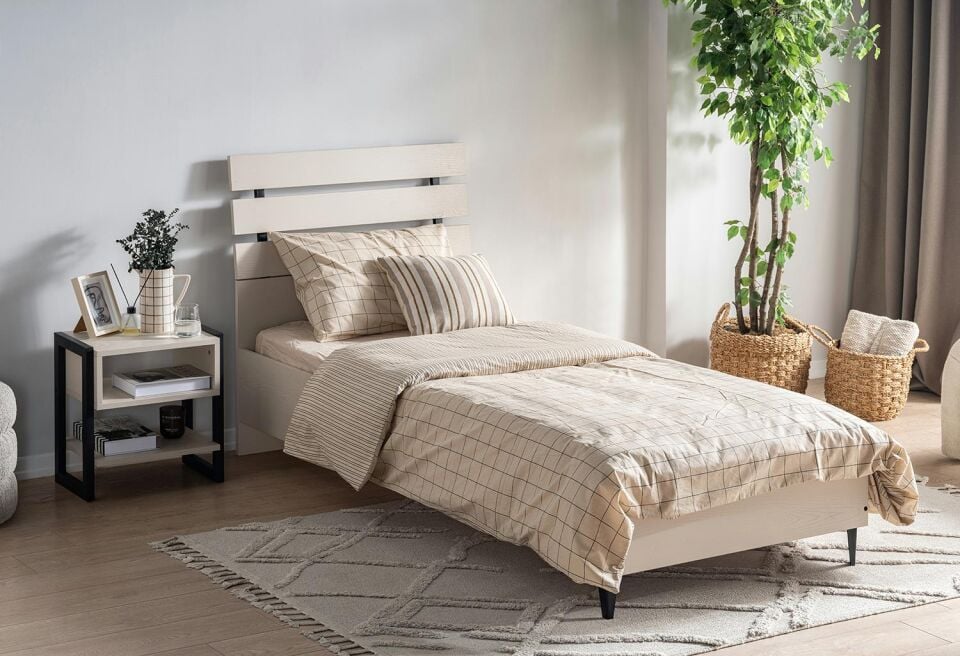 Ceramical KR1S Ahşap Başlıklı Karyola - 90x190 - Vizon Bej