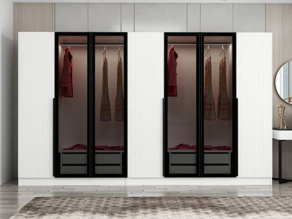 Kale Plus 7 Mebran Kapaklı 4Ç Dolap Beyaz Mebran Füme Cam