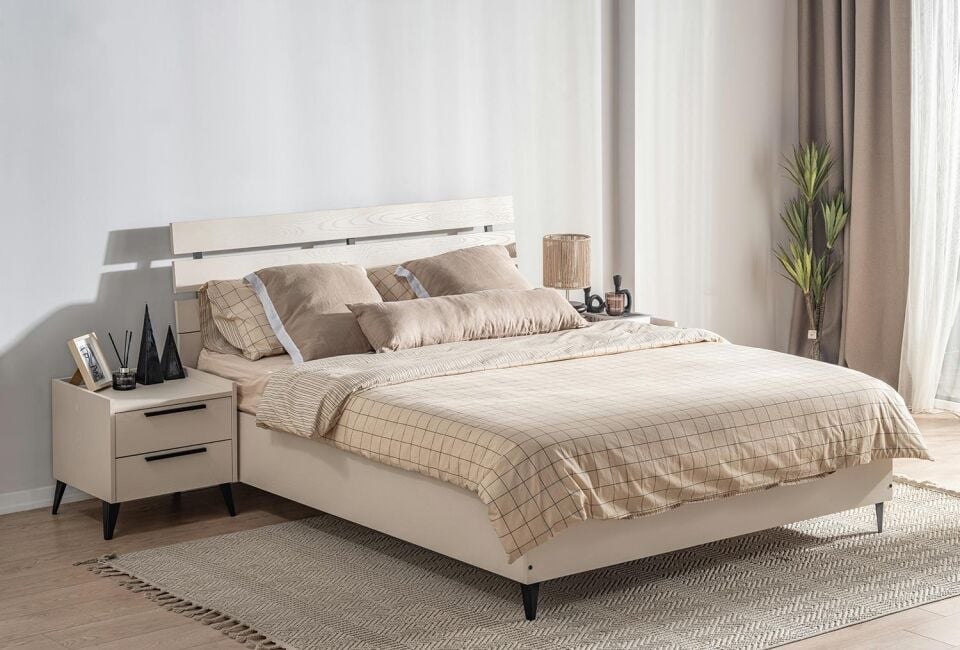 Ceramical KR2 Ahşap Başlıklı Bazasız Karyola - 160x200 - Vizon Bej