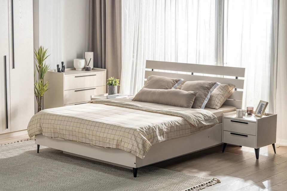Ceramical KRB2 Ahşap Başlıklı Bazalı Karyola - 160x200 - Vizon Bej