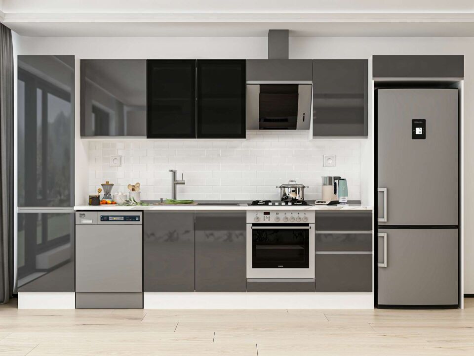 Alvinka 380X222 Cm High Gloss Mutfak Dolabı Mbb-E80B50S50-3 High Gloss | Antrasit - Mdf